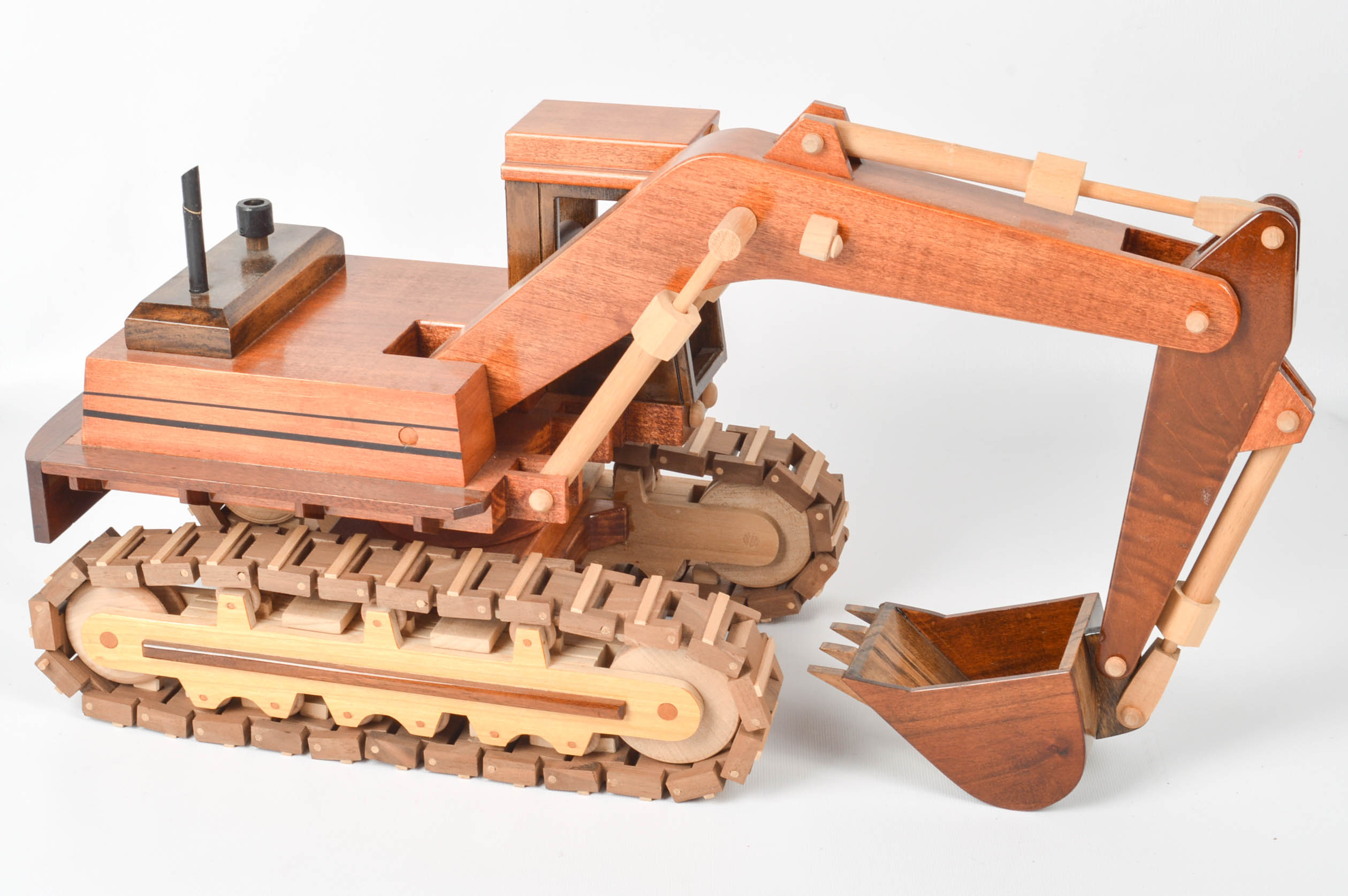 Handcrafted Wooden Truck, Bulldozer, Backhoe, and Trailer