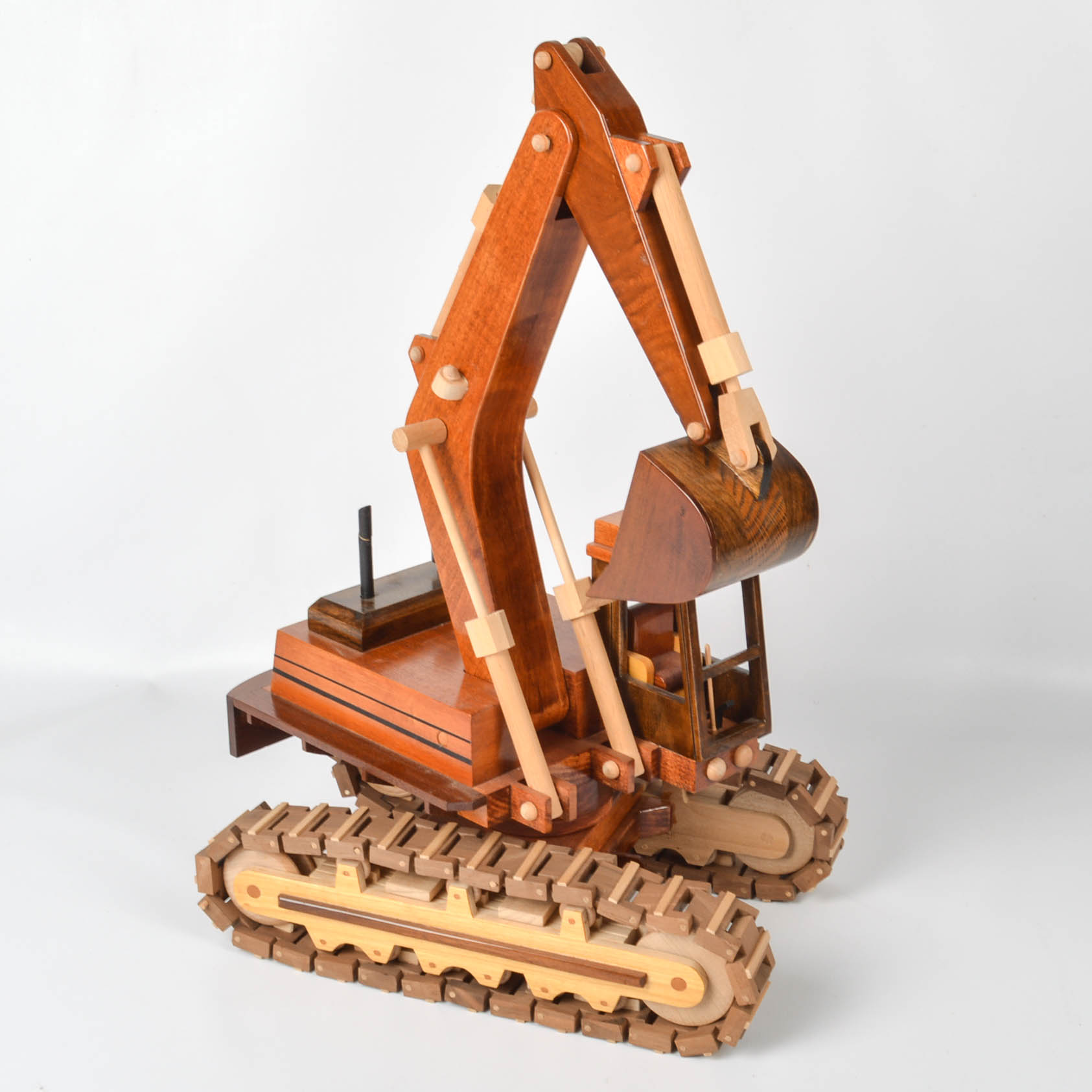 Handcrafted Wooden Truck, Bulldozer, Backhoe, and Trailer
