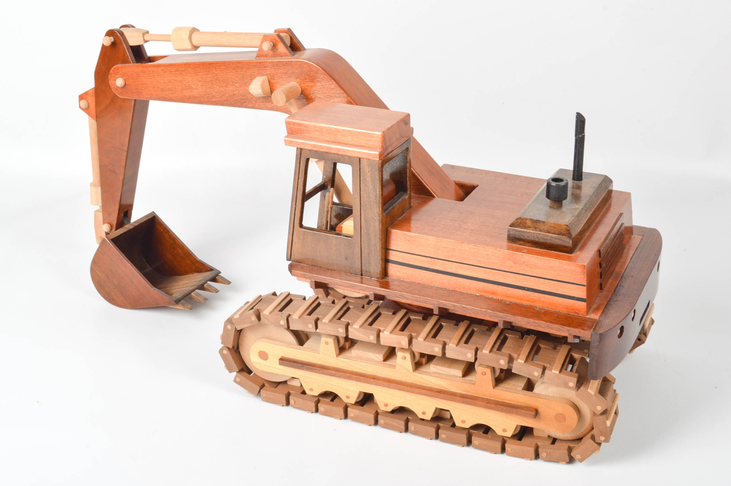 Handcrafted Wooden Truck, Bulldozer, Backhoe, and Trailer