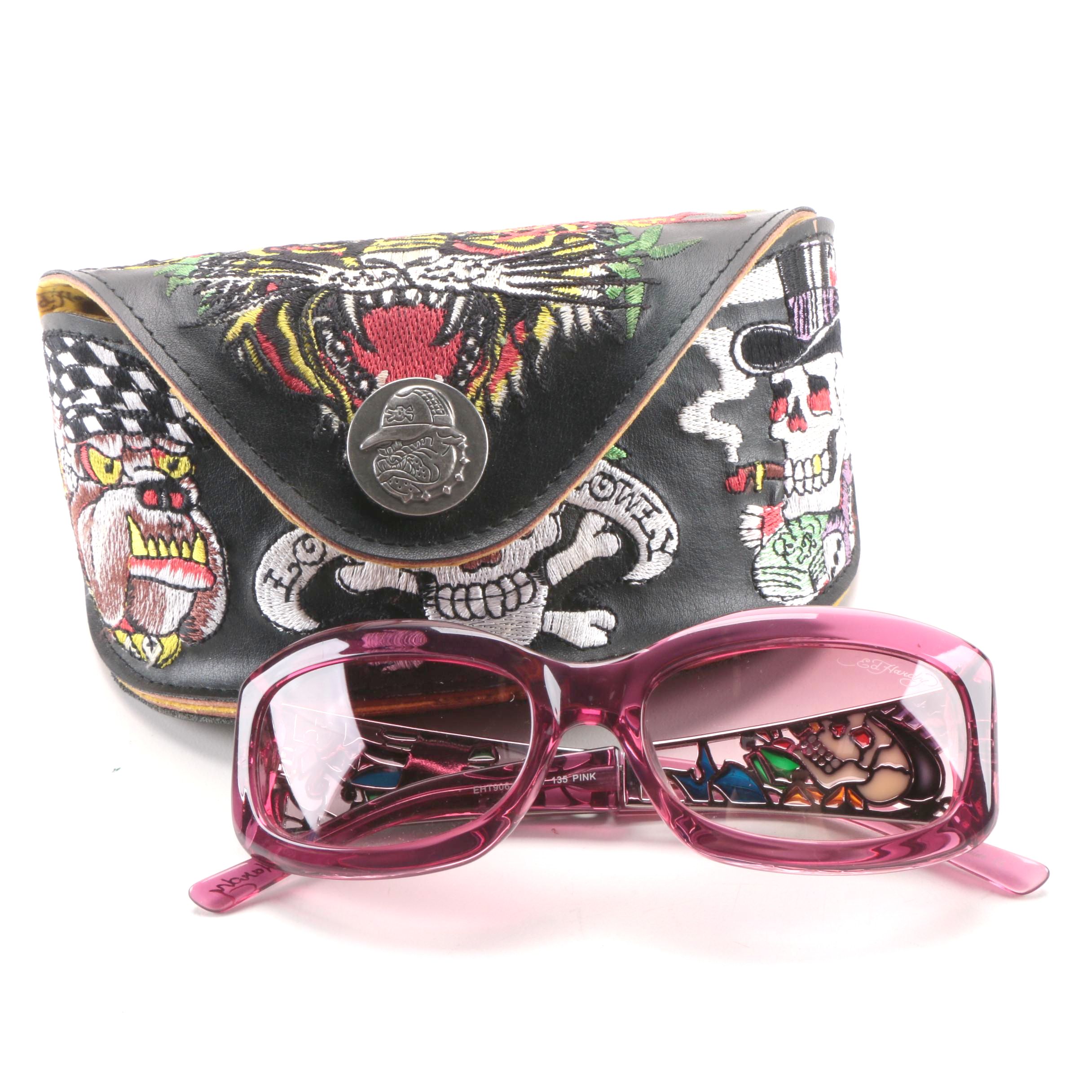 Pink Ed Hardy Sunglasses With Embroidered Case