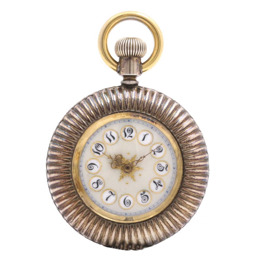 Gold Plated and Coin Silver Seed Pearl Circular Pocket Watch