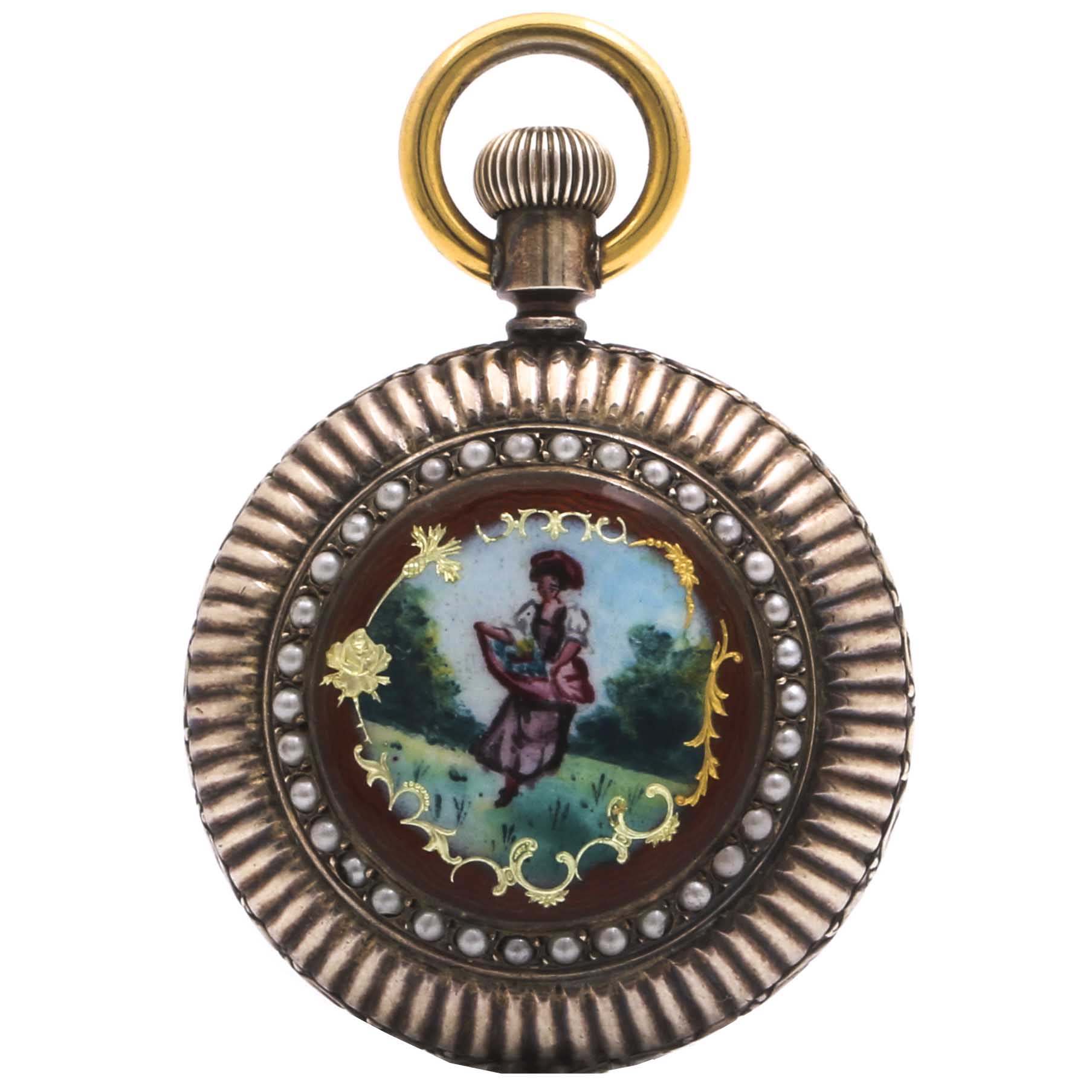 Gold Plated and Coin Silver Seed Pearl Circular Pocket Watch
