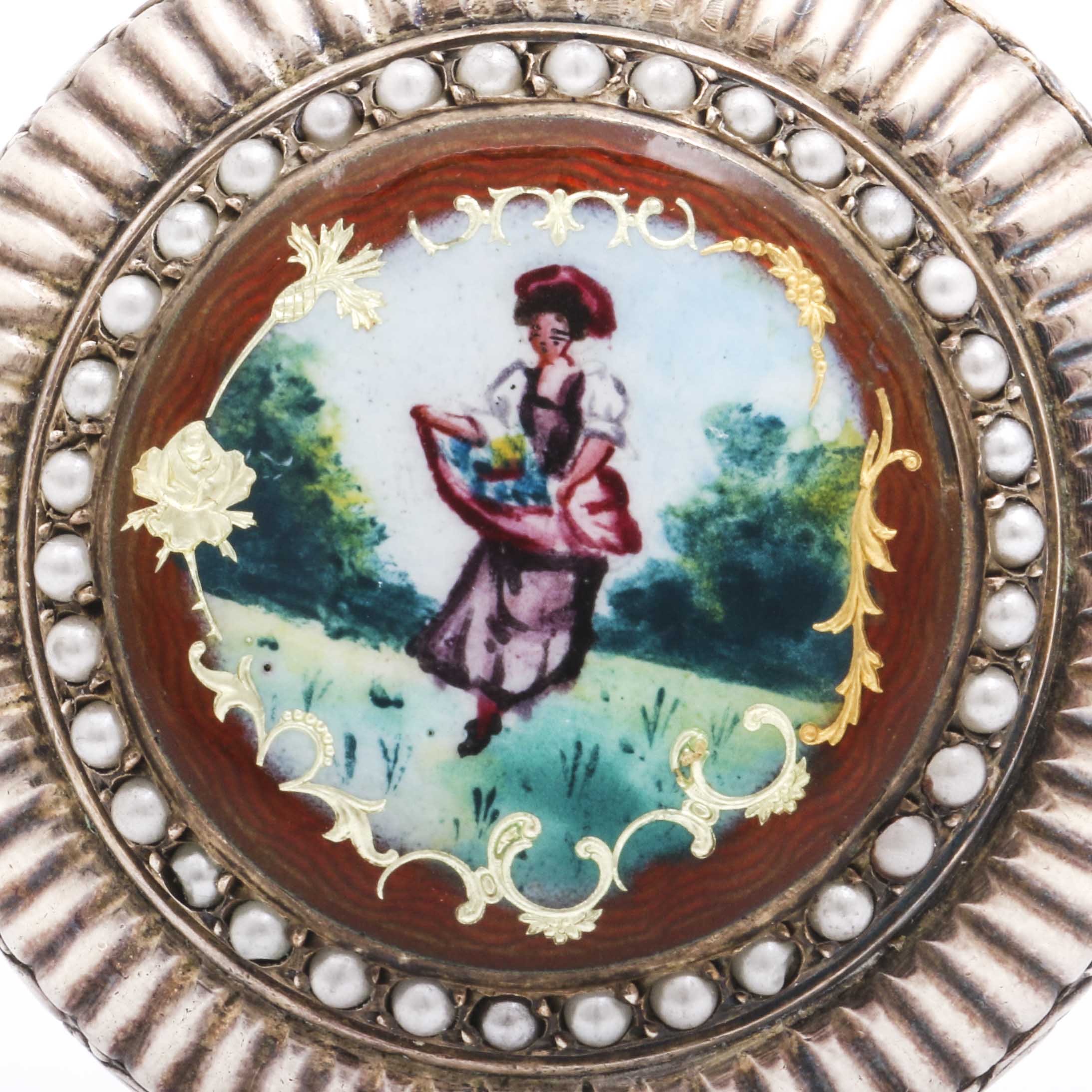 Gold Plated and Coin Silver Seed Pearl Circular Pocket Watch