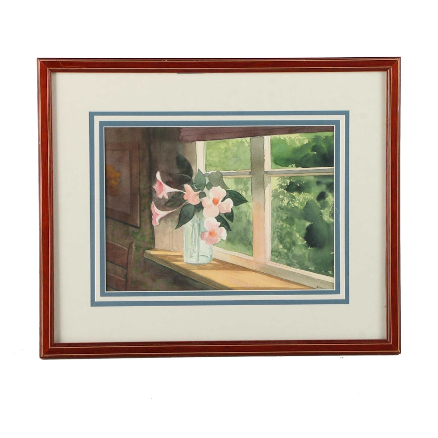 Watercolor Painting on Paper of Pink Flowers on a Sunny Windowsill