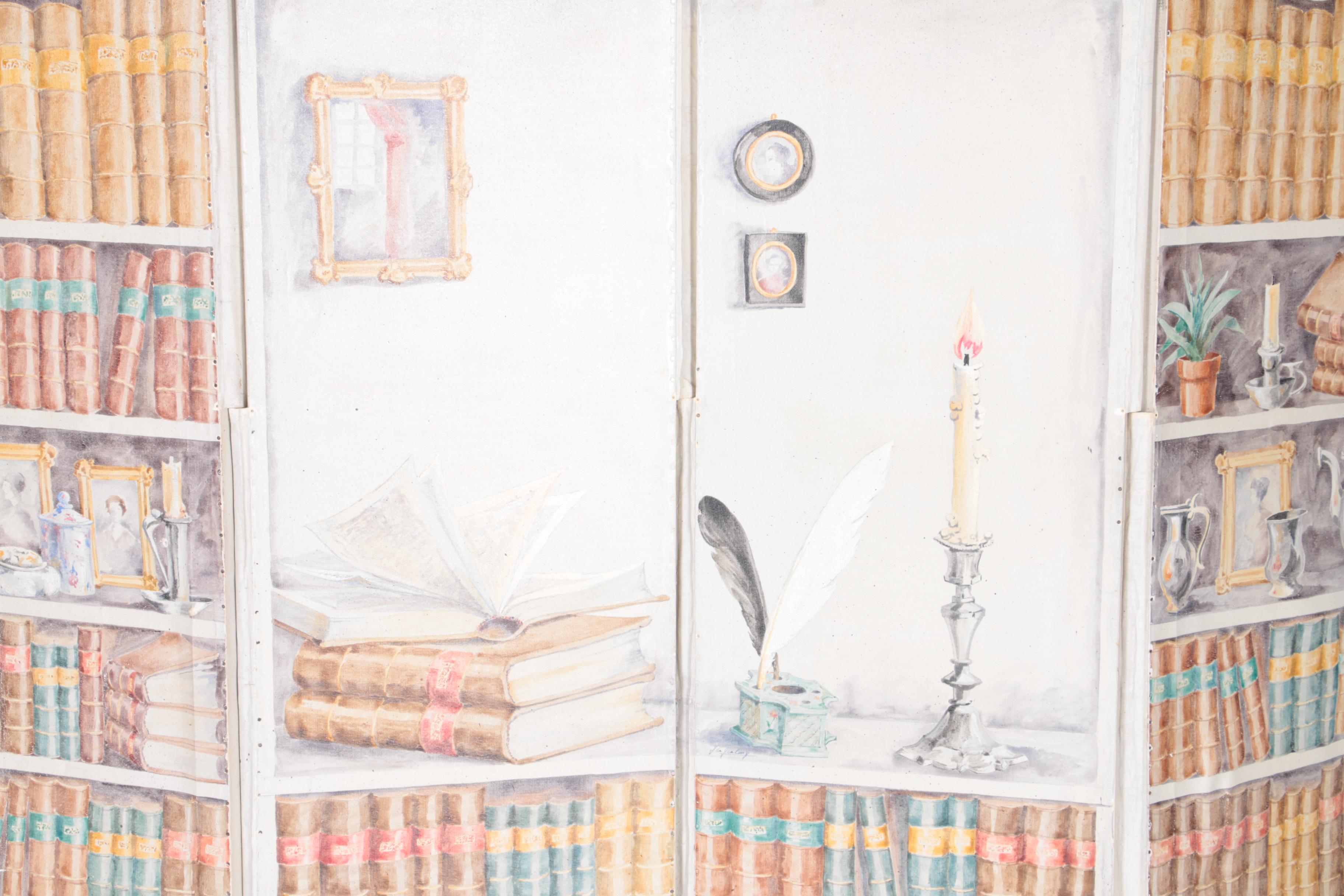 Oil Painting on Canvas Mounted to Four-Panel Room Divider