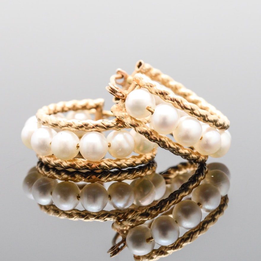 10K Yellow Gold Freshwater Pearl Hoop Earrings