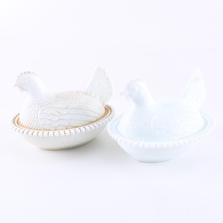 Vintage Milk Glass Hen on Nest Candy Dishes