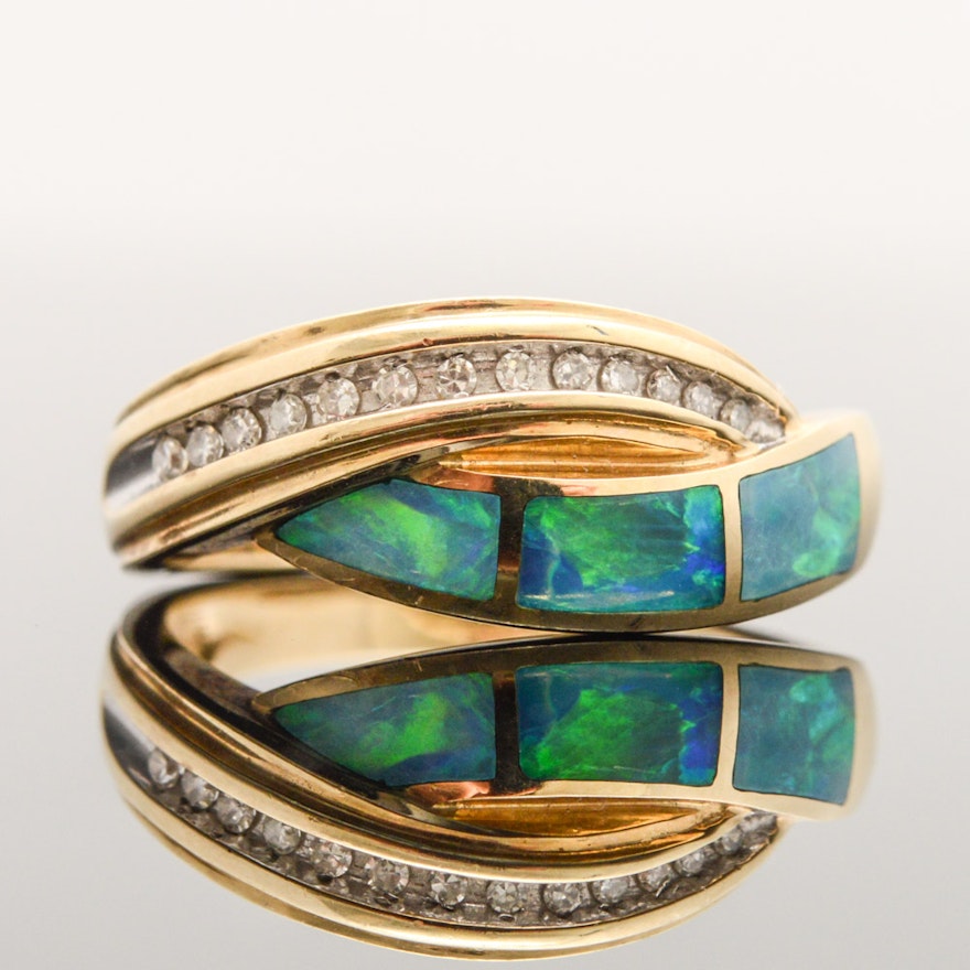 10K Yellow Gold Diamond and Opal Crossover Ring