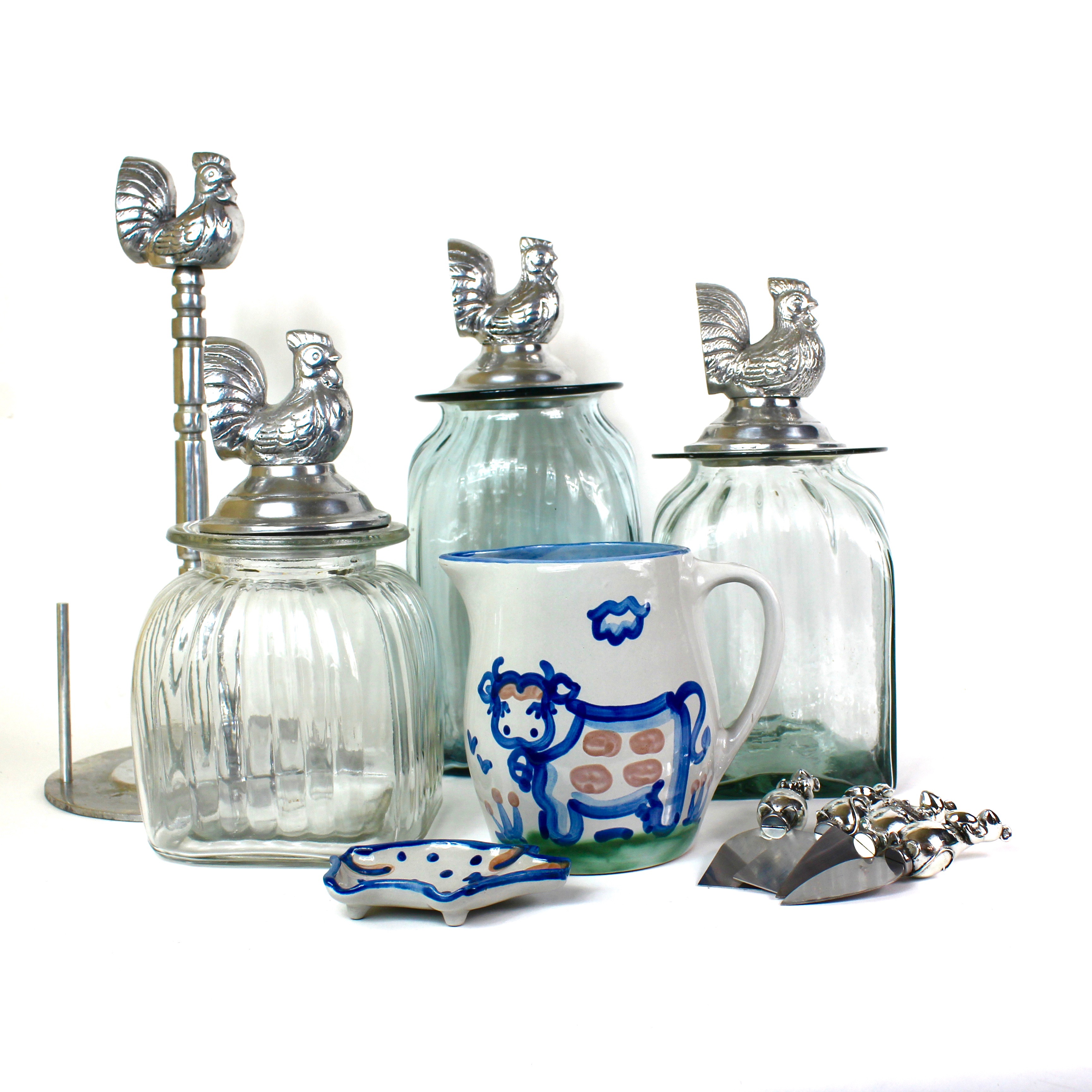 Blown Glass Chicken Canisters with M.A. Hadley Pottery
