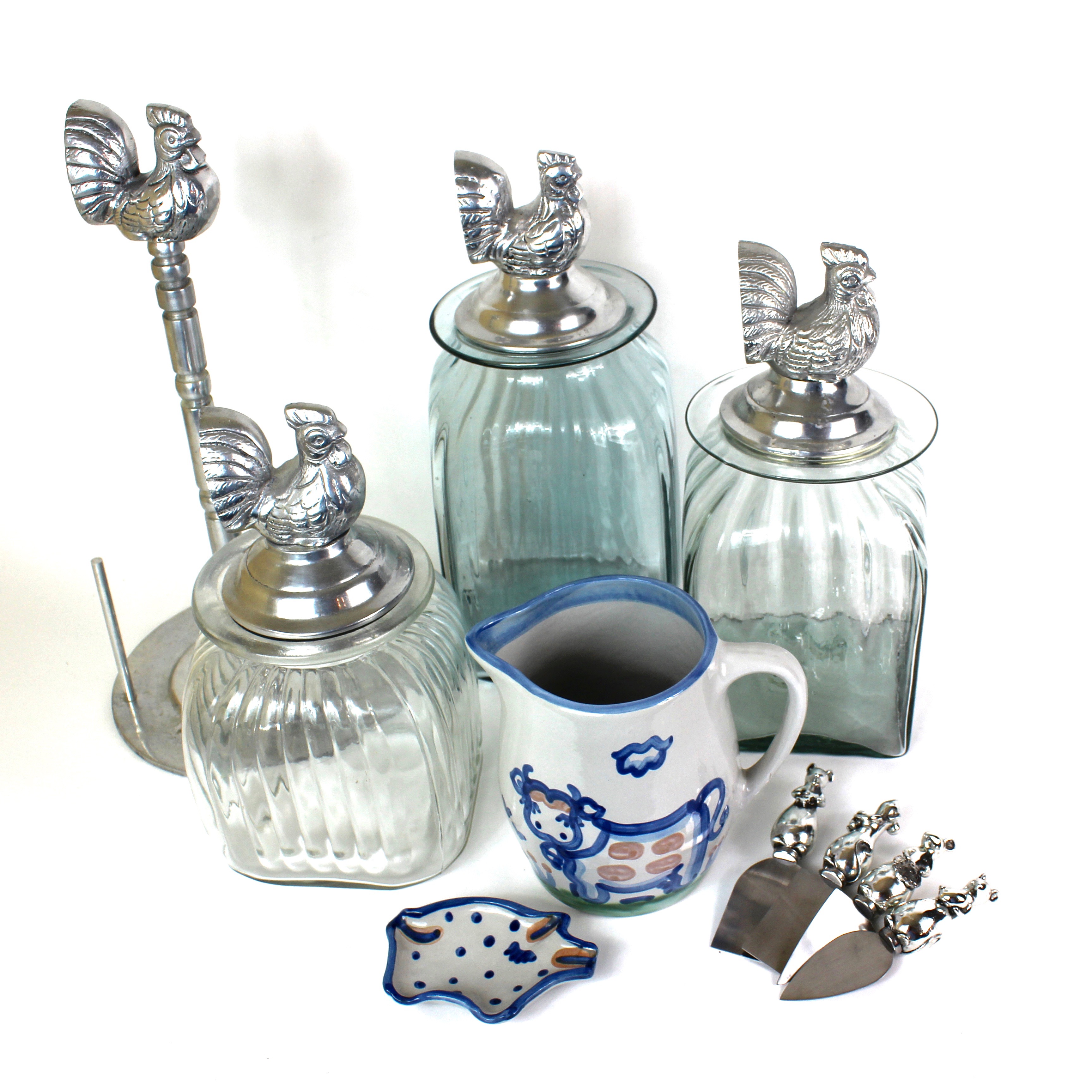 Blown Glass Chicken Canisters with M.A. Hadley Pottery