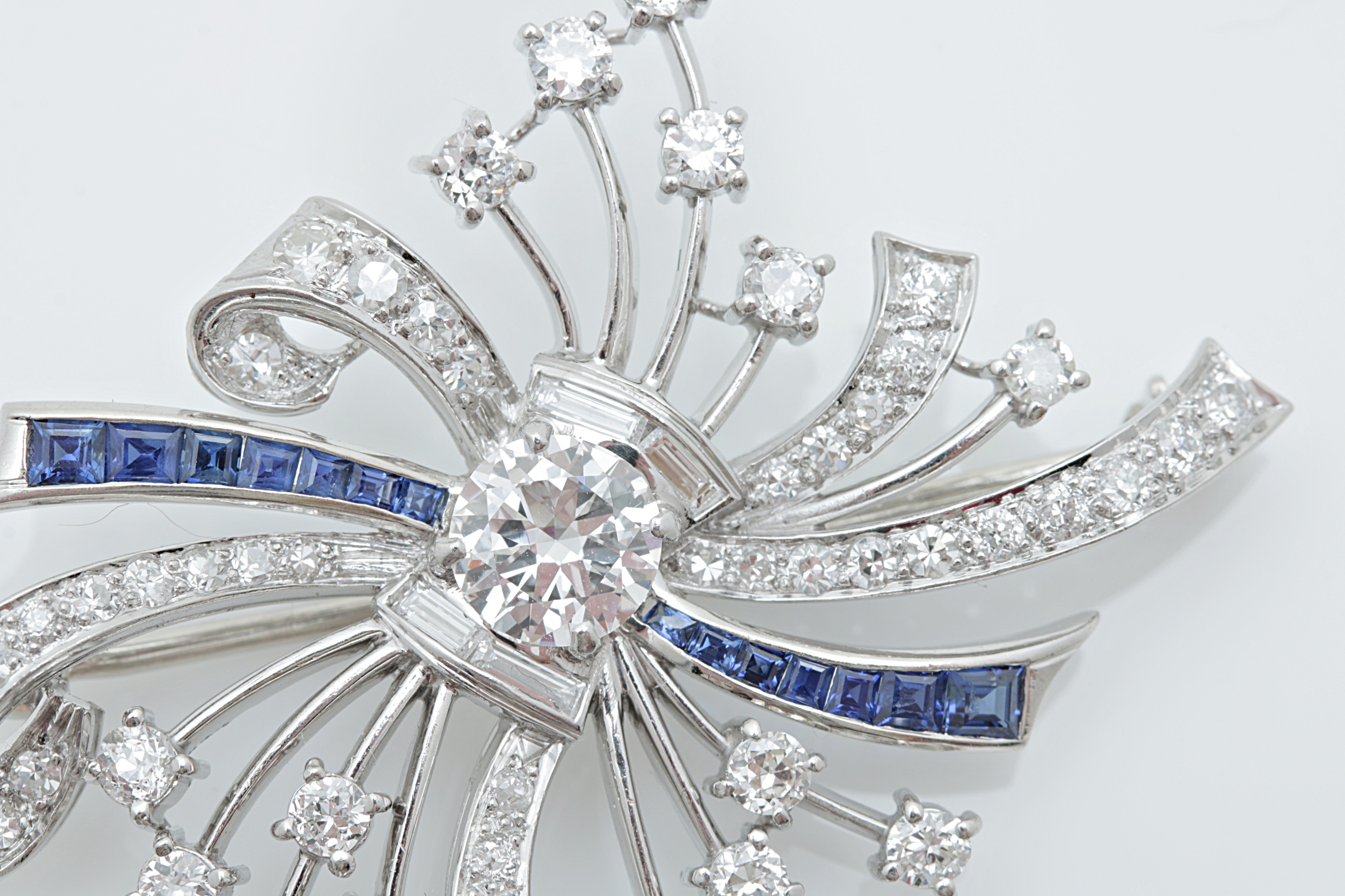 Art Deco Platinum, 14K Gold, Sapphire and 3.67 CTW Diamond Pinwheel Brooch