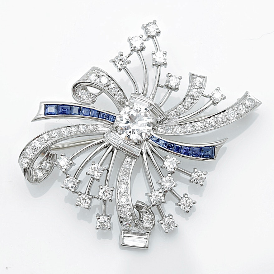 Art Deco Platinum, 14K Gold, Sapphire and 3.67 CTW Diamond Pinwheel Brooch