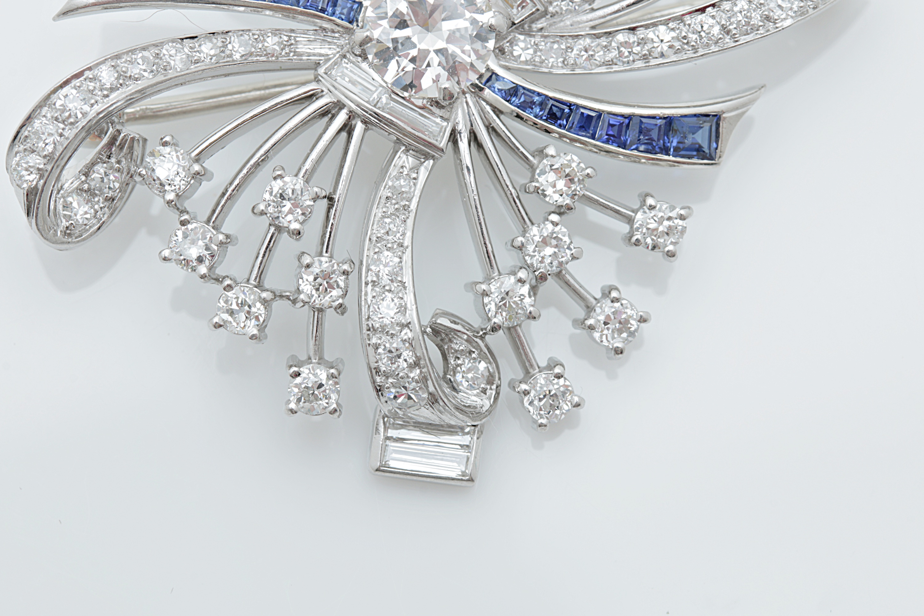 Art Deco Platinum, 14K Gold, Sapphire and 3.67 CTW Diamond Pinwheel Brooch