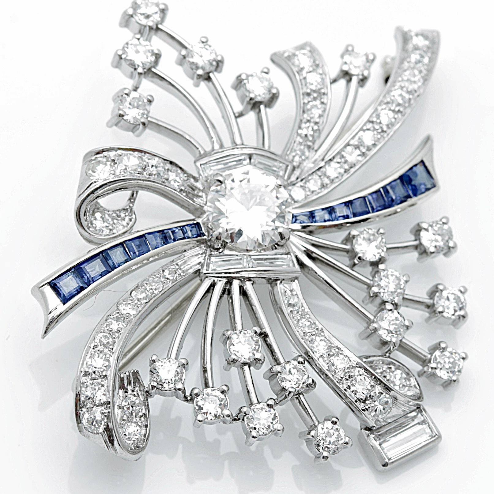 Art Deco Platinum, 14K Gold, Sapphire and 3.67 CTW Diamond Pinwheel Brooch