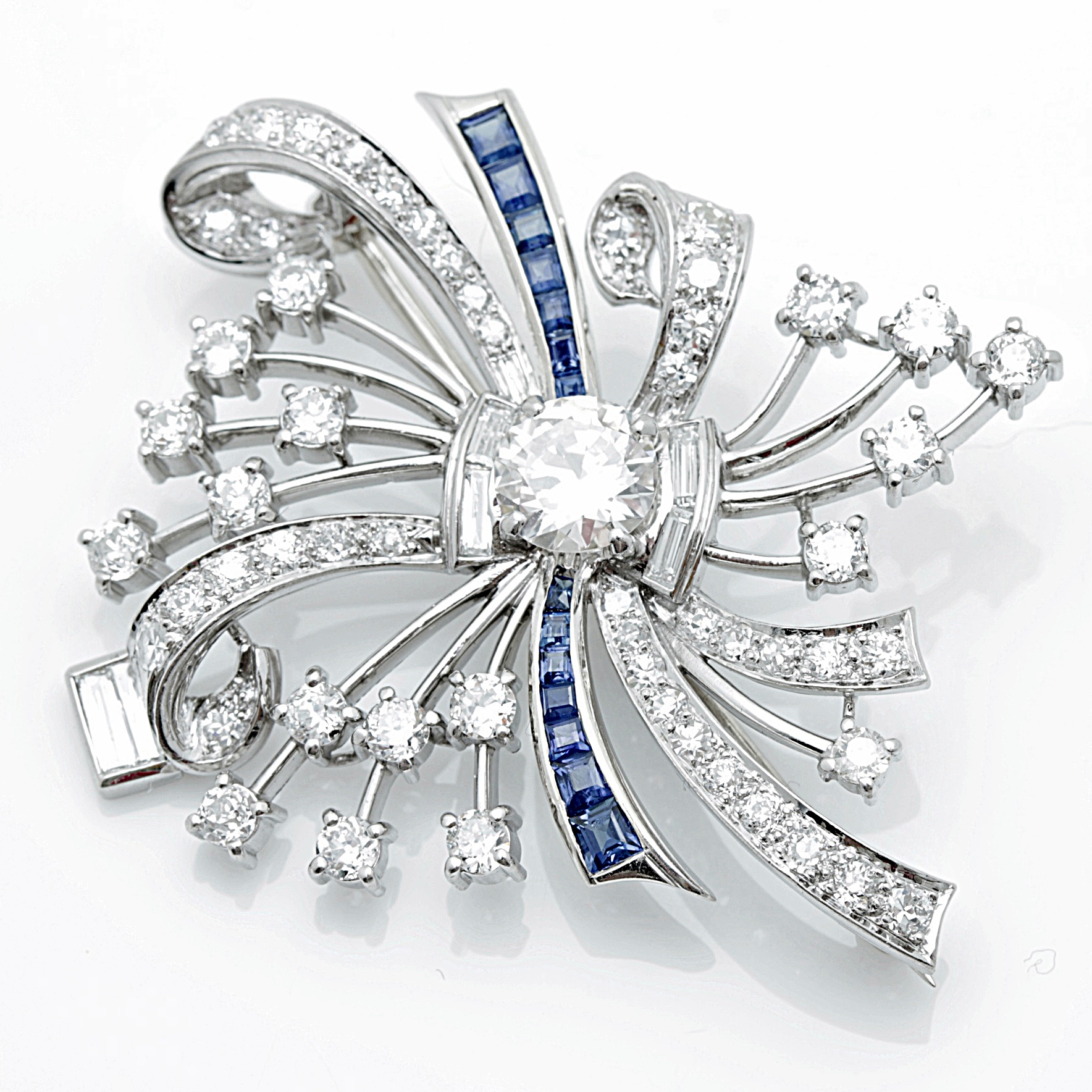 Art Deco Platinum, 14K Gold, Sapphire and 3.67 CTW Diamond Pinwheel Brooch