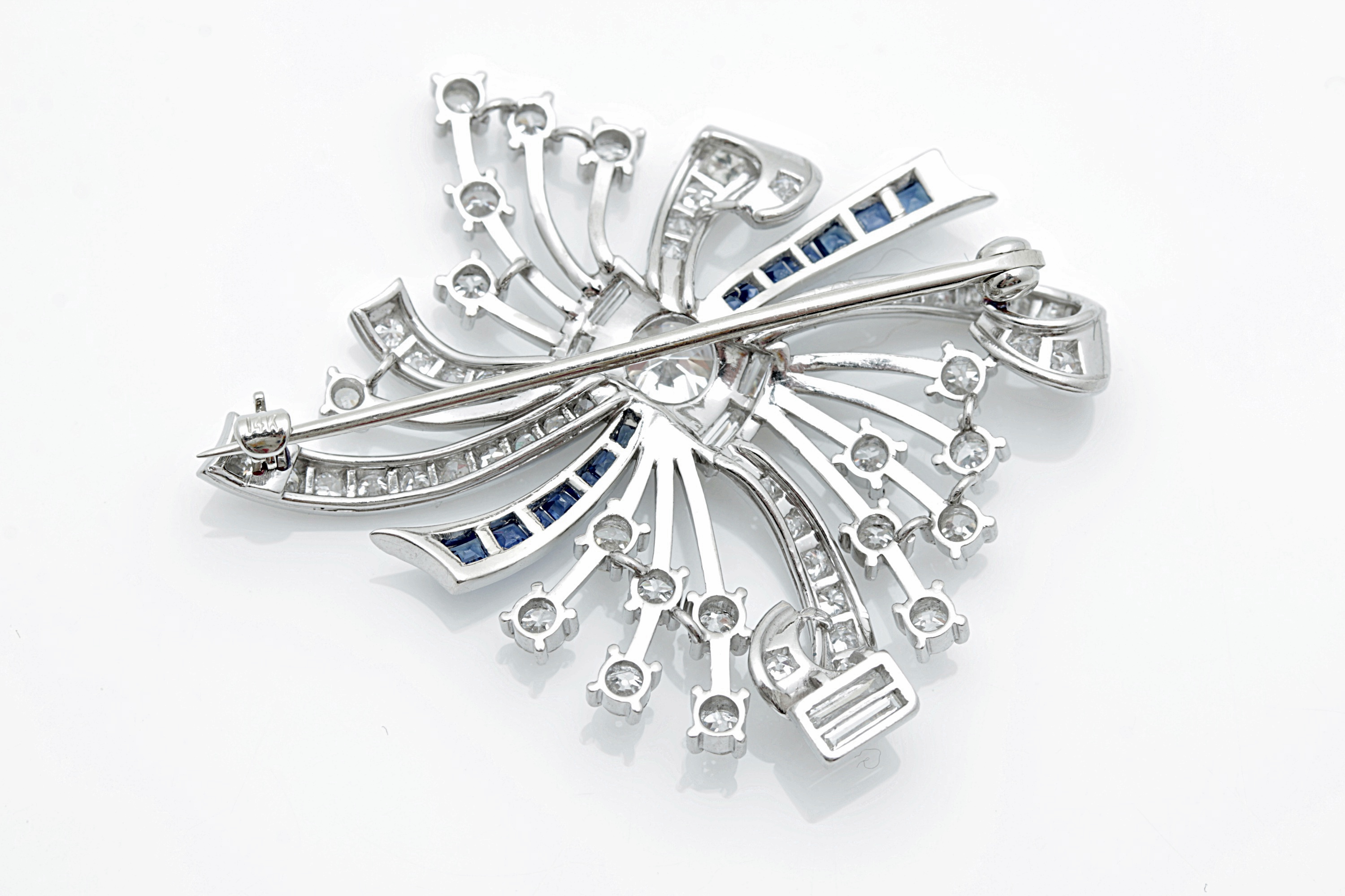 Art Deco Platinum, 14K Gold, Sapphire and 3.67 CTW Diamond Pinwheel Brooch
