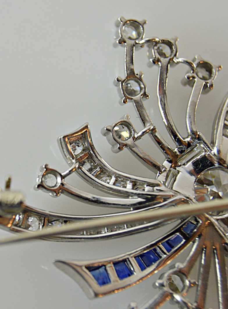 Art Deco Platinum, 14K Gold, Sapphire and 3.67 CTW Diamond Pinwheel Brooch