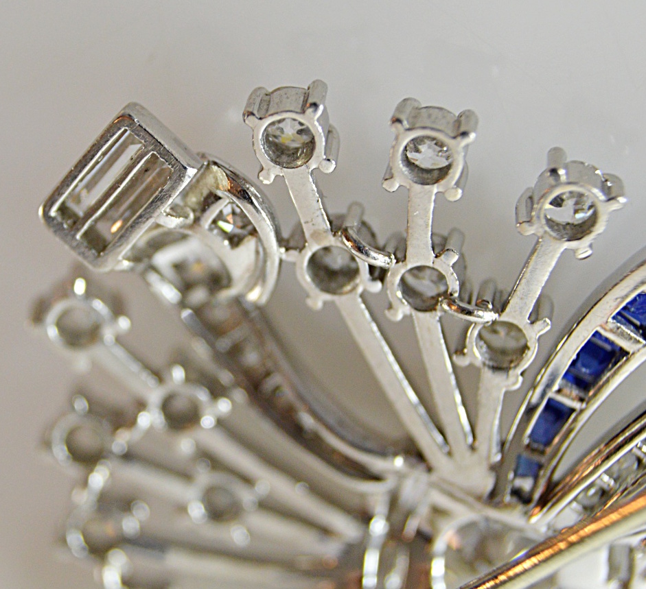 Art Deco Platinum, 14K Gold, Sapphire and 3.67 CTW Diamond Pinwheel Brooch