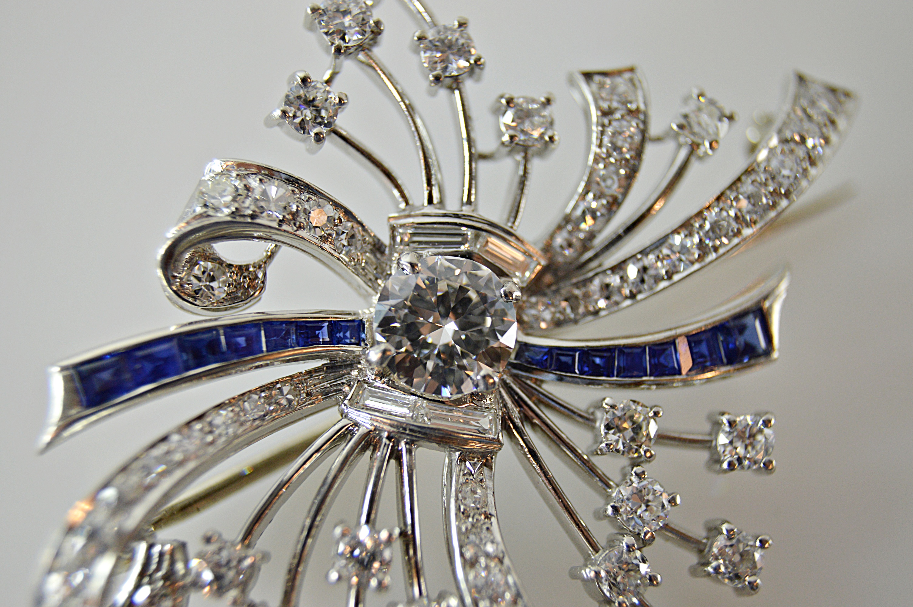 Art Deco Platinum, 14K Gold, Sapphire and 3.67 CTW Diamond Pinwheel Brooch