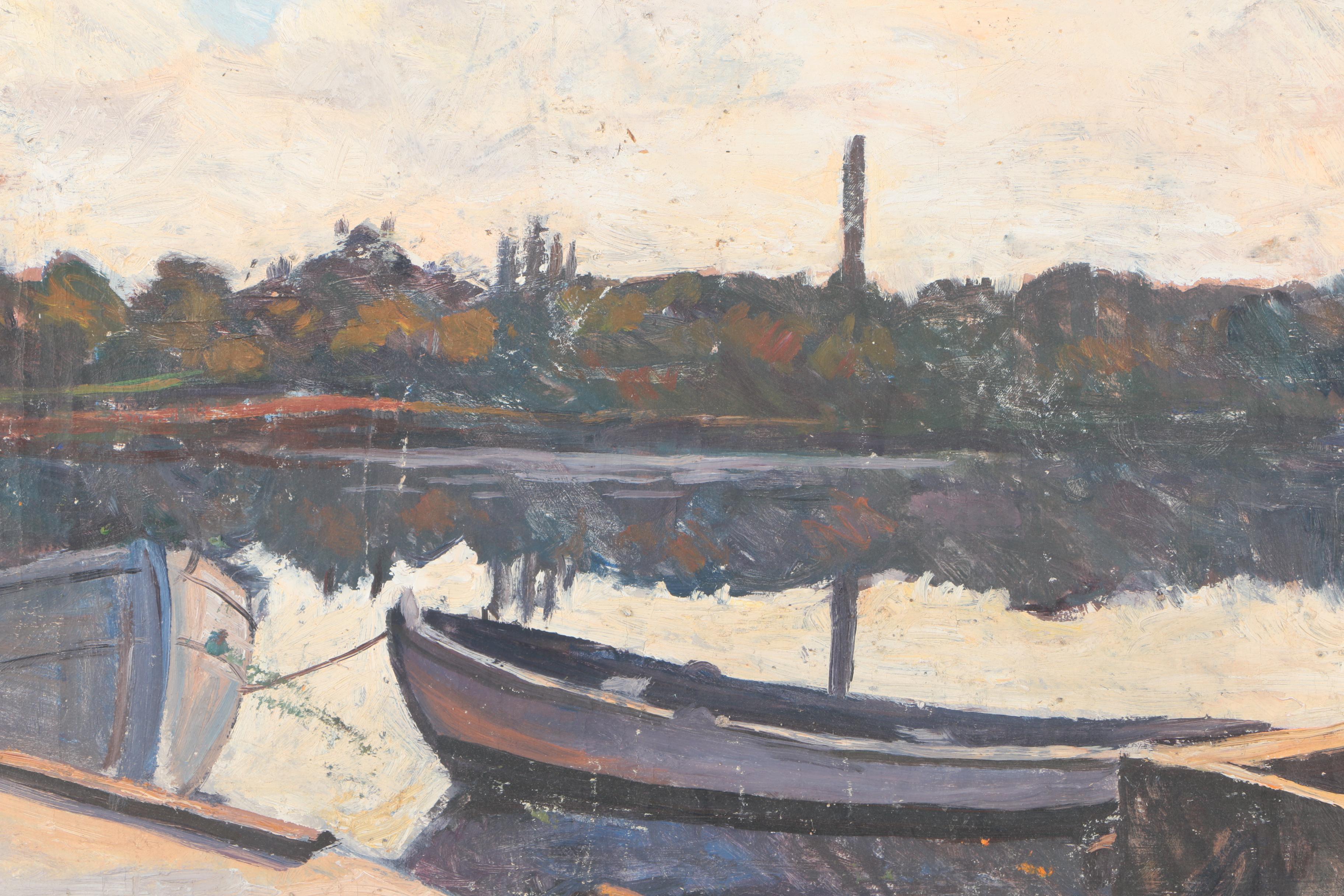 1950 G. B. Oil Painting Of Boat Dock