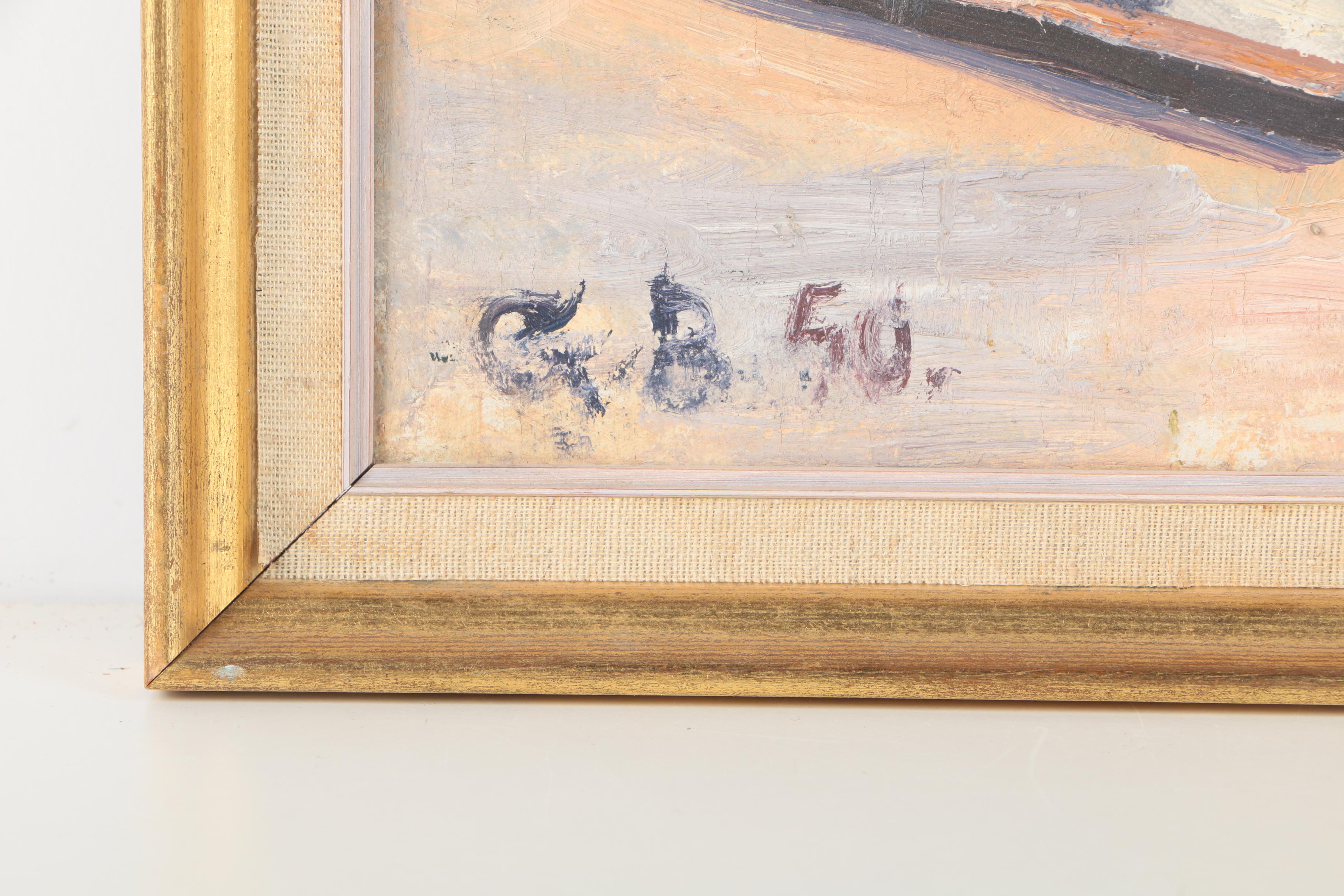 1950 G. B. Oil Painting Of Boat Dock