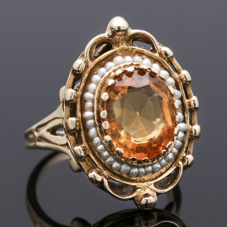 Victorian Revival 14K Yellow Gold Citrine and Seed Pearl Ring