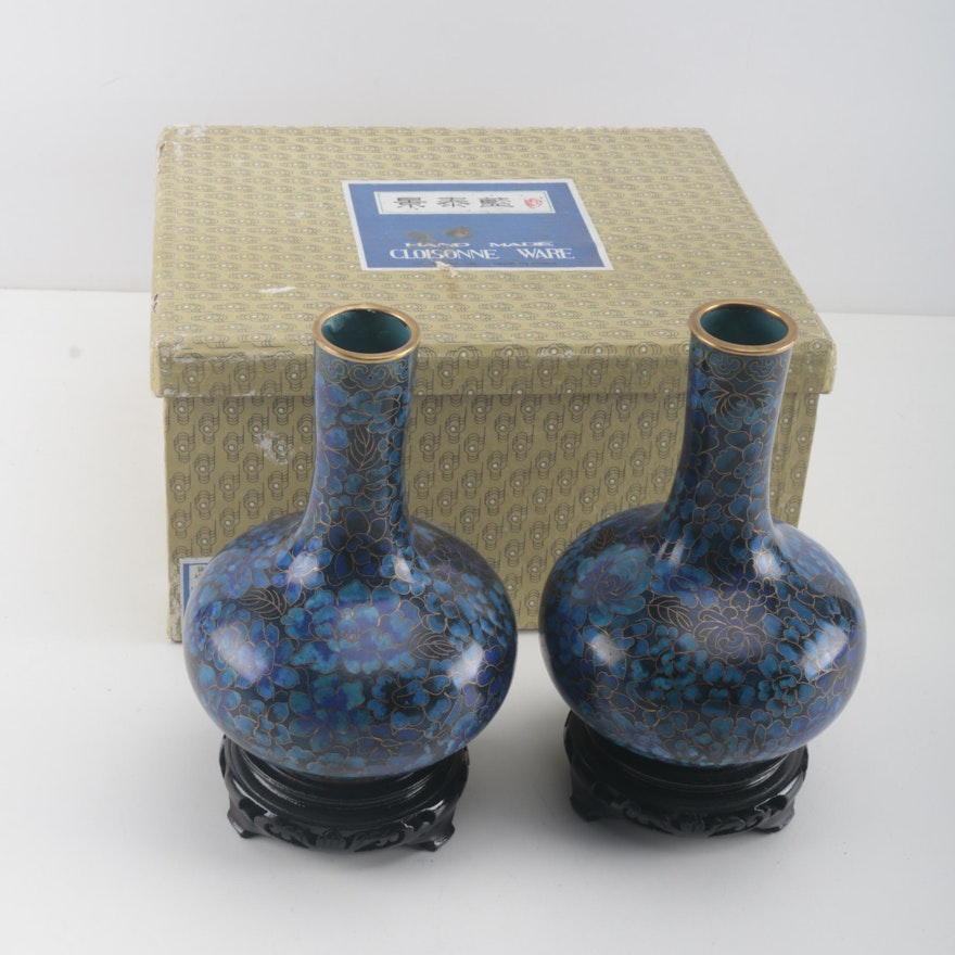 Chinese Cloisonné Vases With Wooden Stands