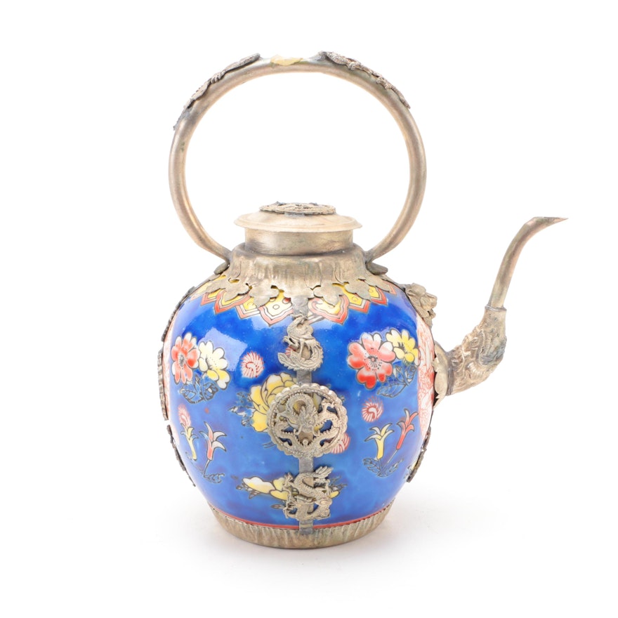 Chinese Brass Plate and Ceramic Teapot