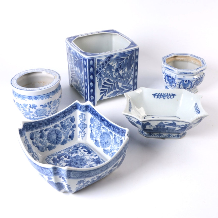 Chinese and Chinese Inspired Blue and White Bowls and Planters