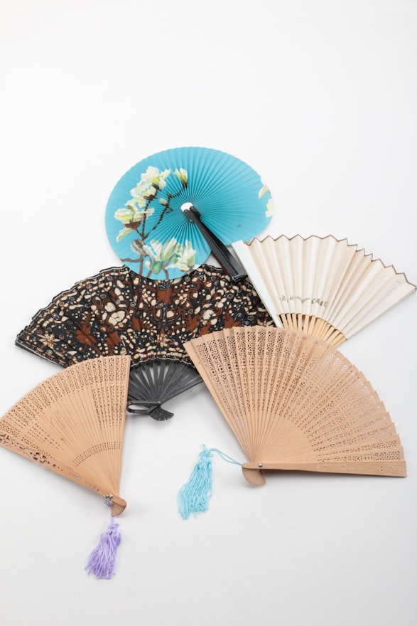 Five Wood and Cloth or Paper Hand Fans