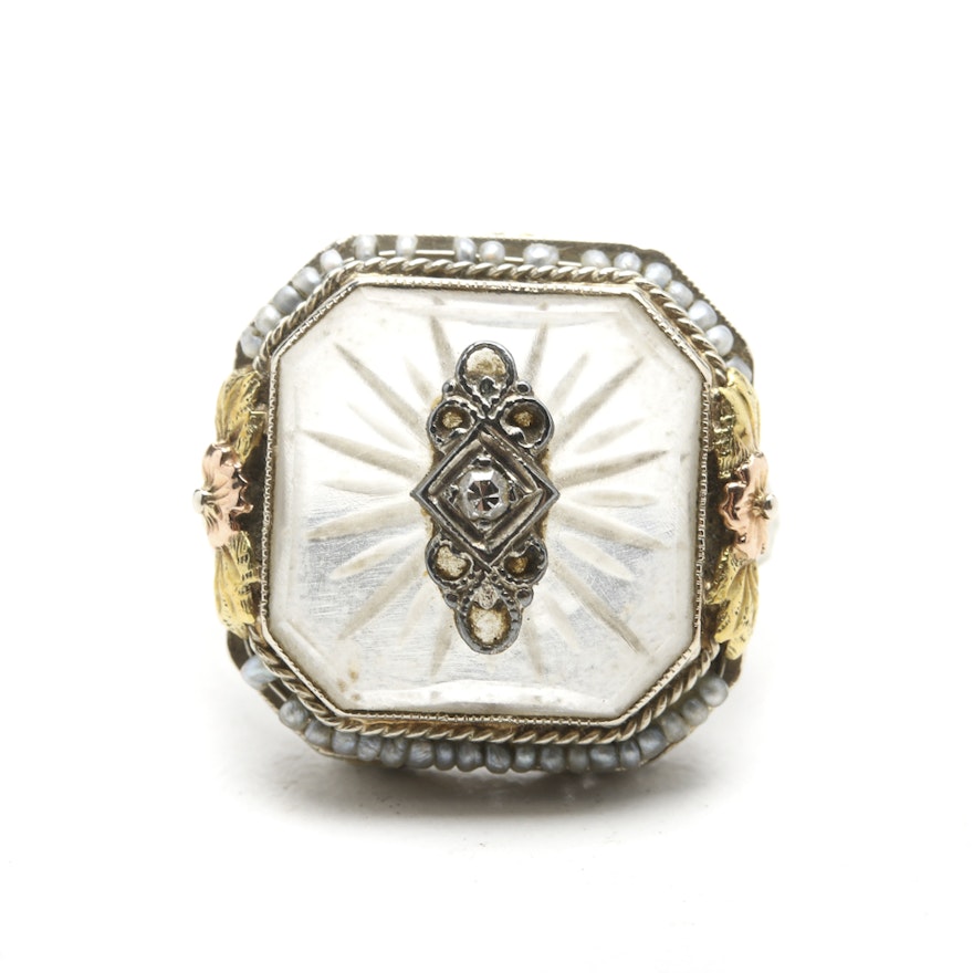 Circa 1940 14K White Gold Ring with Diamond, Quartz and Pearls