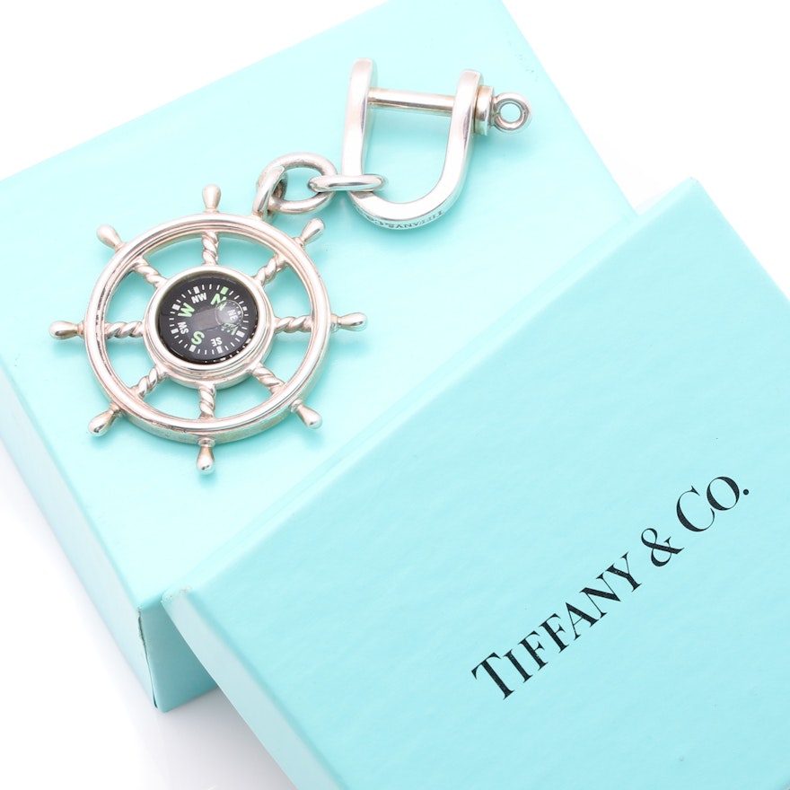Tiffany & Co Sterling Silver Ship's Wheel Nautical Compass Keychain