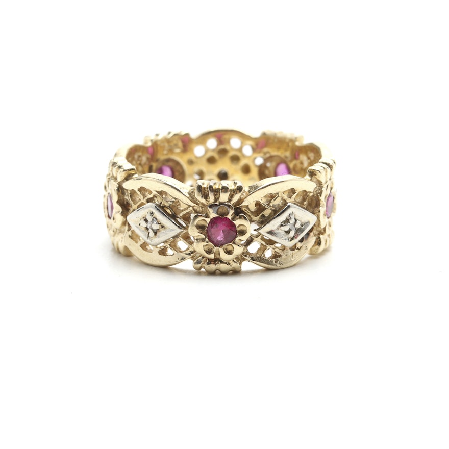 14K Gold Synthetic Ruby and Diamond Ring