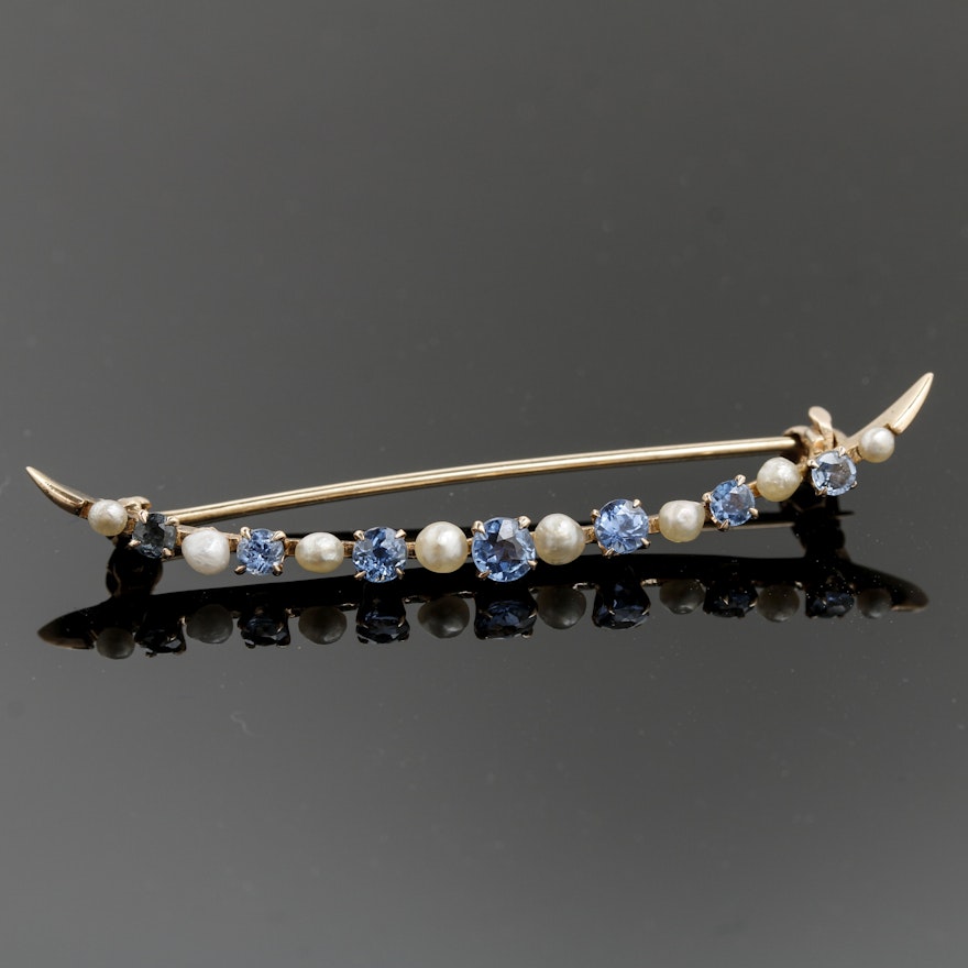 10K Yellow Gold Sapphire and Cultured Pearl Crescent Brooch
