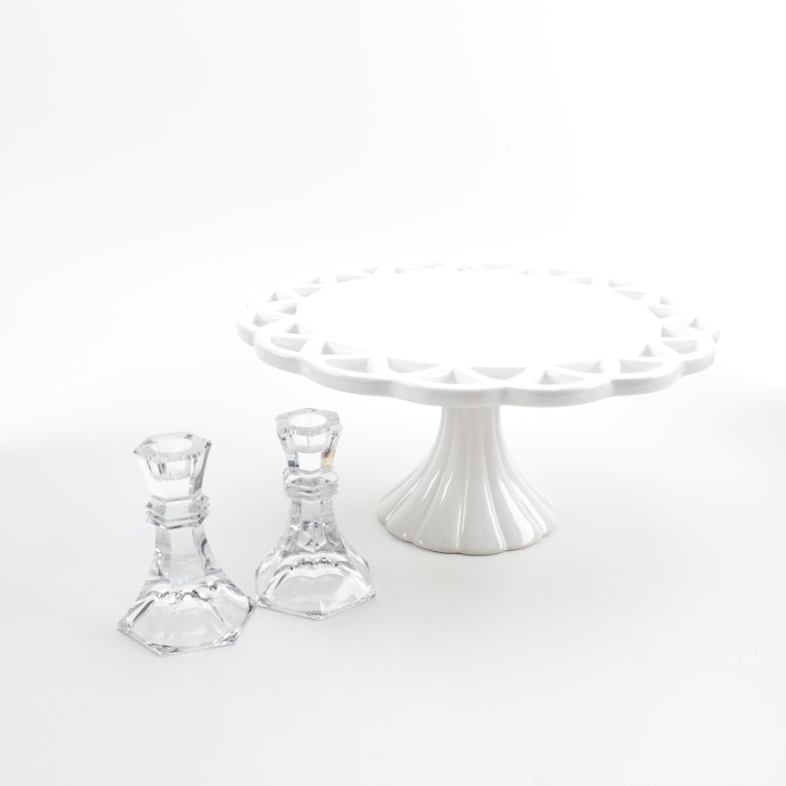 Cake Plate and Crystal Candlestick Holders