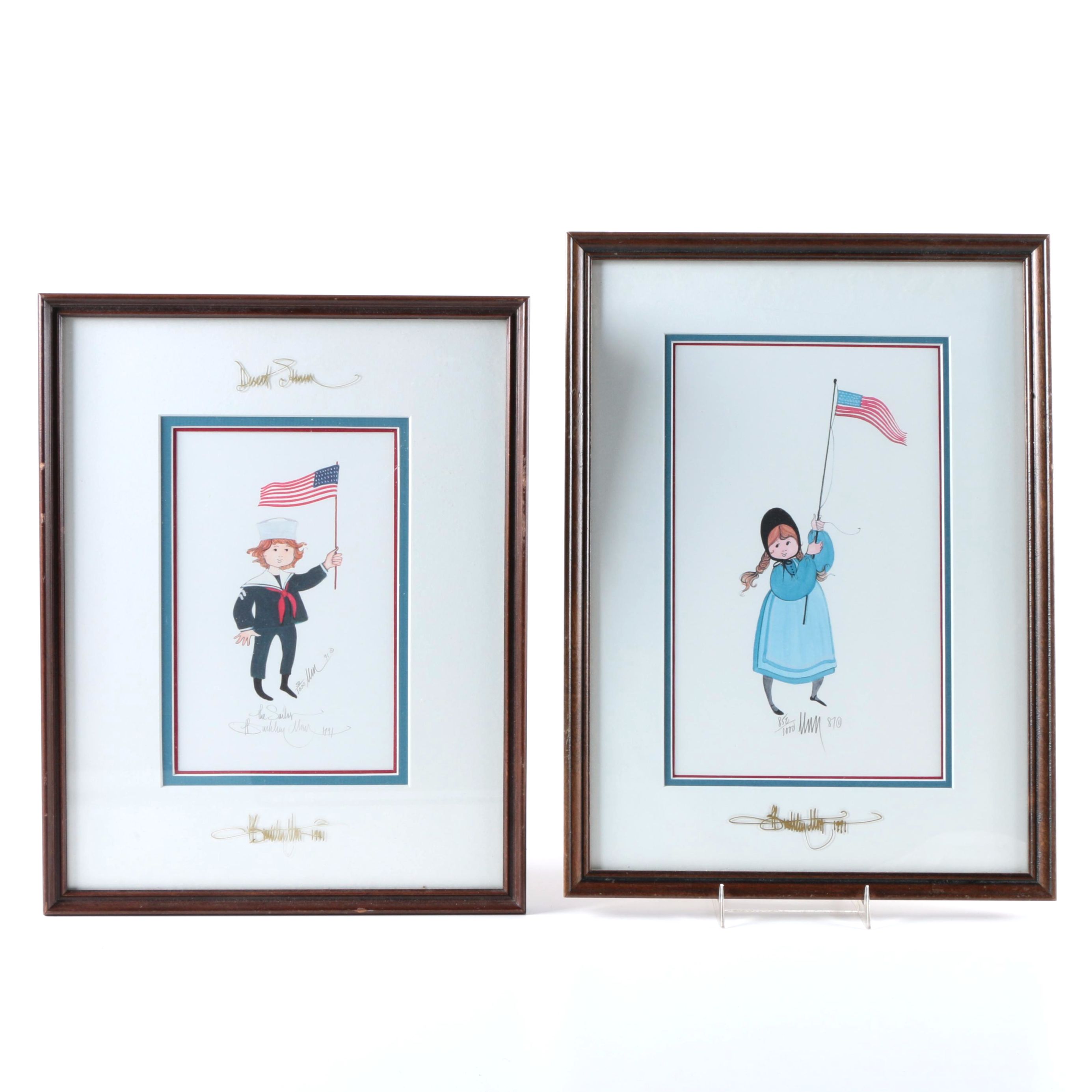 P. Buckley Moss Limited Edition Offset Lithographs on Paper of Children Holding American Flags