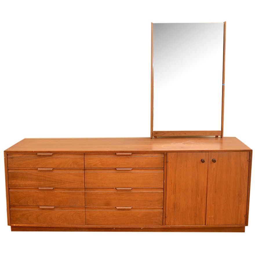 Mid Century Modern Walnut Dresser and Mirror by American of Martinsville