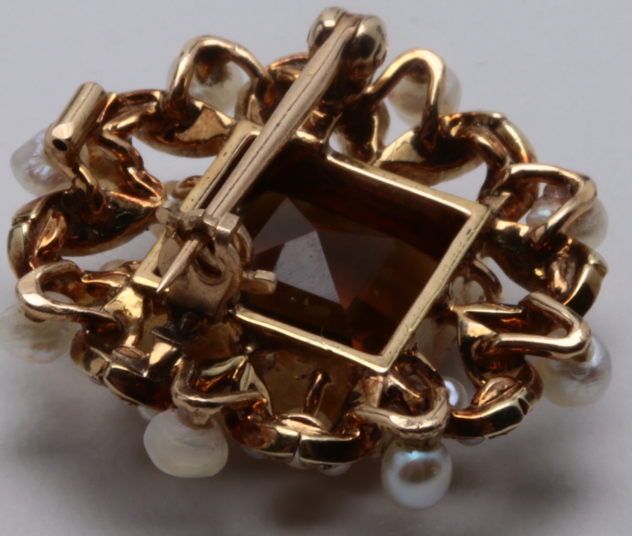 Vintage 14K Yellow Gold Brooch with Citrine and Seed Pearls