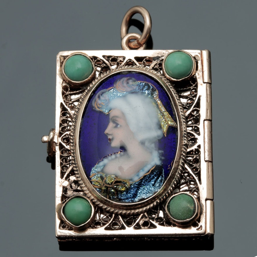 14K Yellow Gold Turquoise and Hand Painted Portrait Enamel Locket