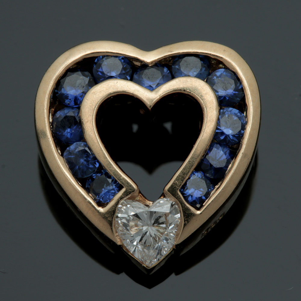 Charles Krypell 18K Yellow Gold Diamond and Blue Sapphire Heart Pendant