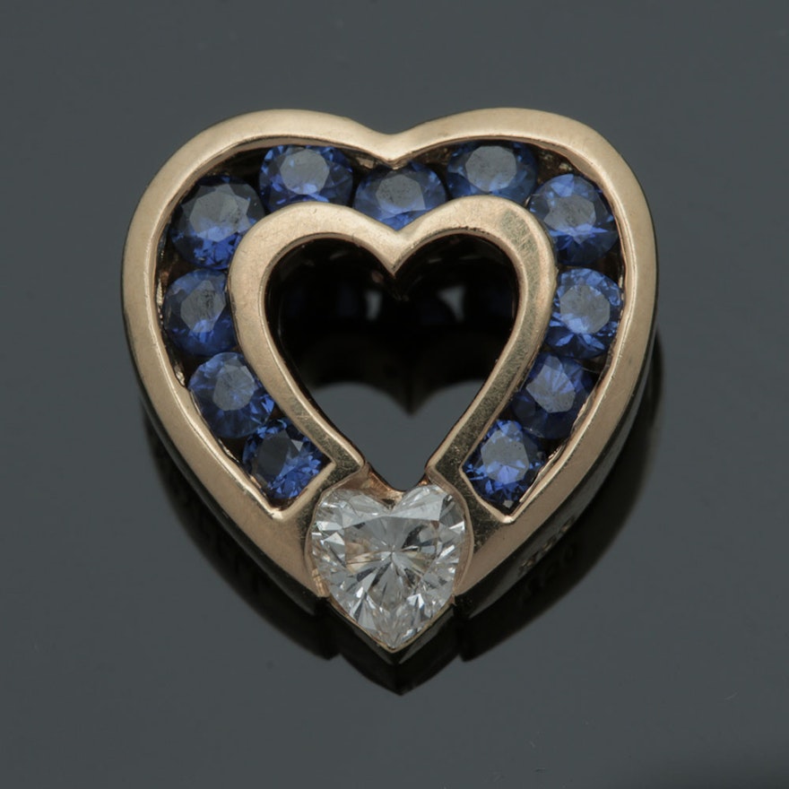 Charles Krypell 18K Yellow Gold Diamond and Blue Sapphire Heart Pendant