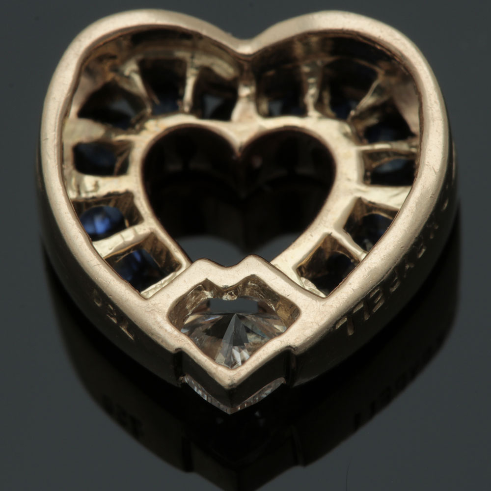 Charles Krypell 18K Yellow Gold Diamond and Blue Sapphire Heart Pendant