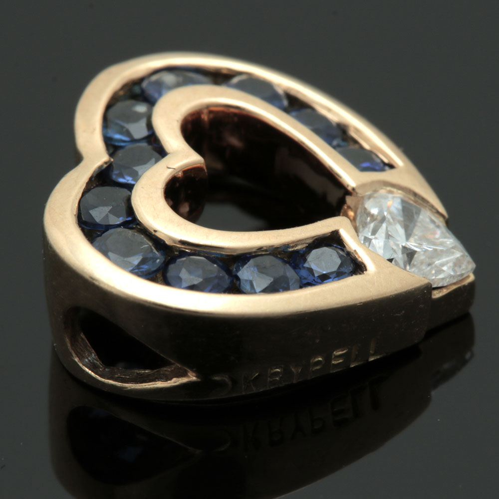 Charles Krypell 18K Yellow Gold Diamond and Blue Sapphire Heart Pendant