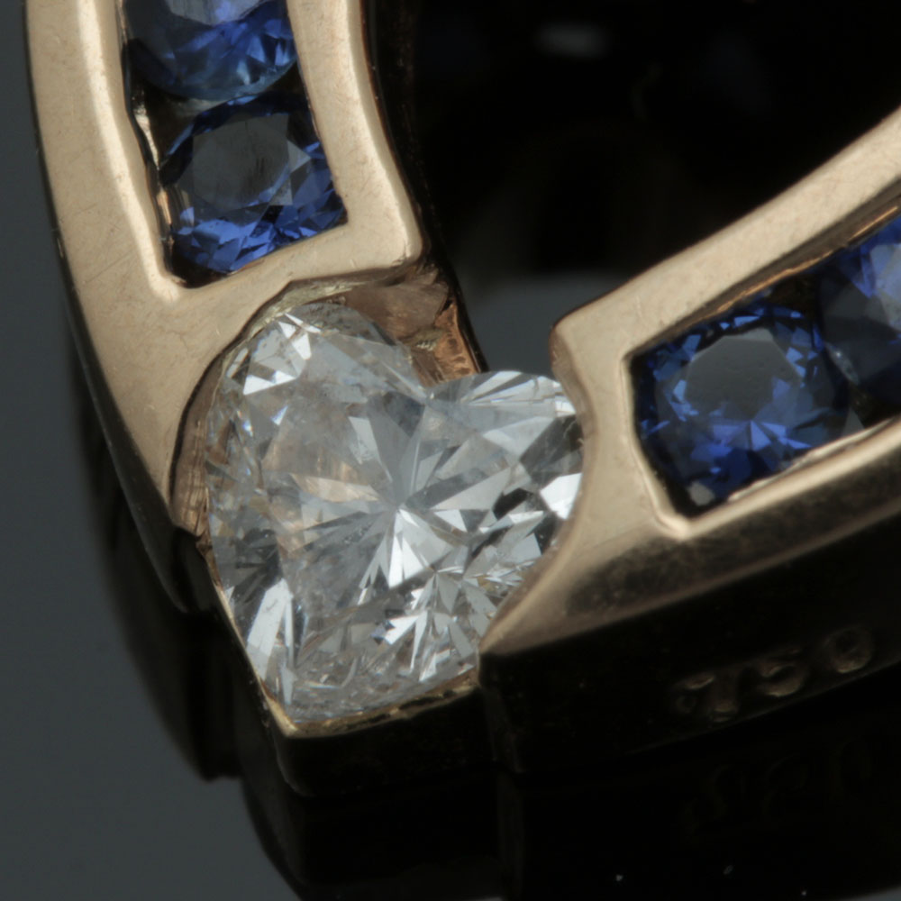 Charles Krypell 18K Yellow Gold Diamond and Blue Sapphire Heart Pendant