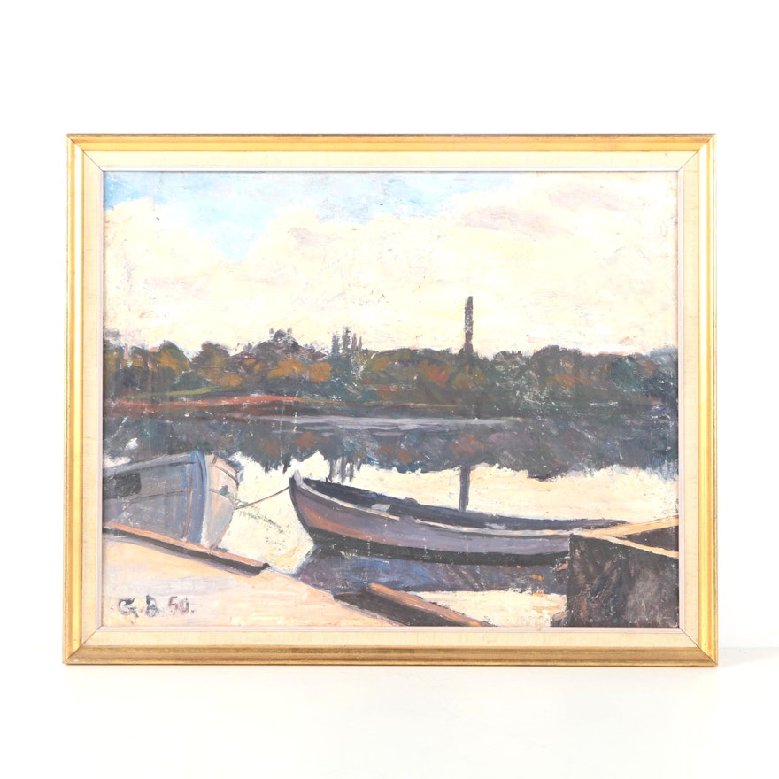 1950 G. B. Oil Painting Of Boat Dock