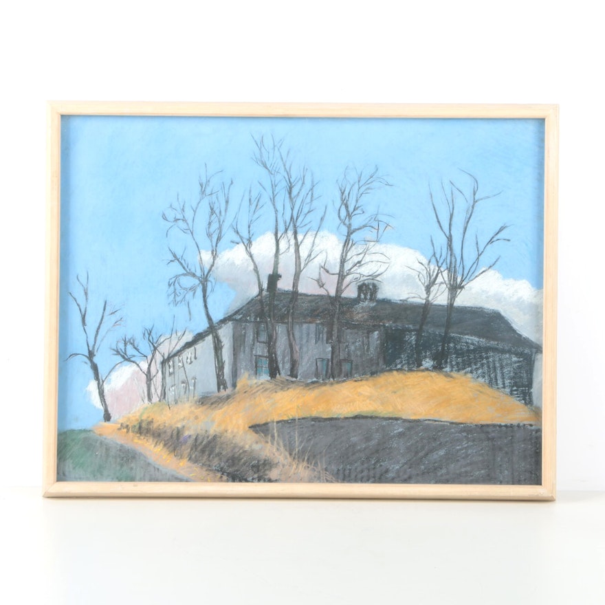 1979 E. Ödmann Oil Pastel Drawing on Paper of a Country Manor