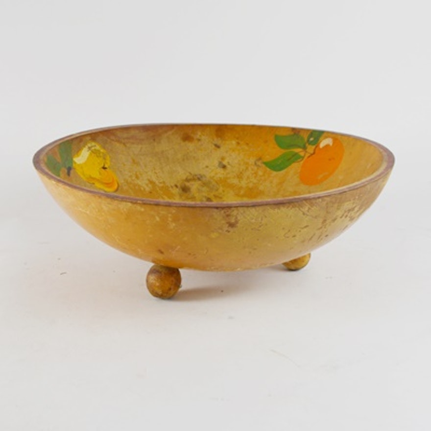 Vintage Hand Painted Wood Footed Bowl