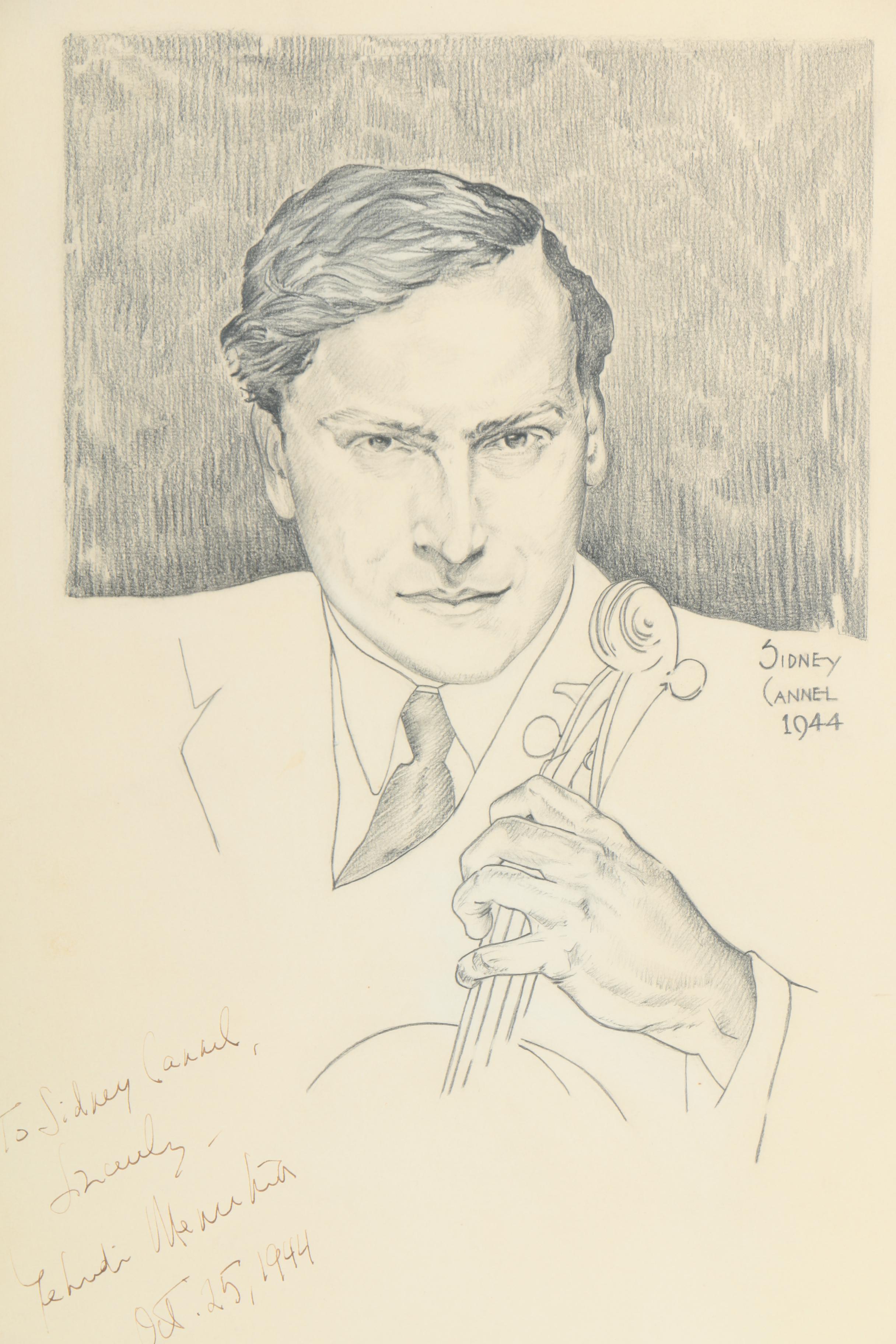 Sidney Cannel Autographed 1944 Charcoal Drawing of Yehudi Menuhin