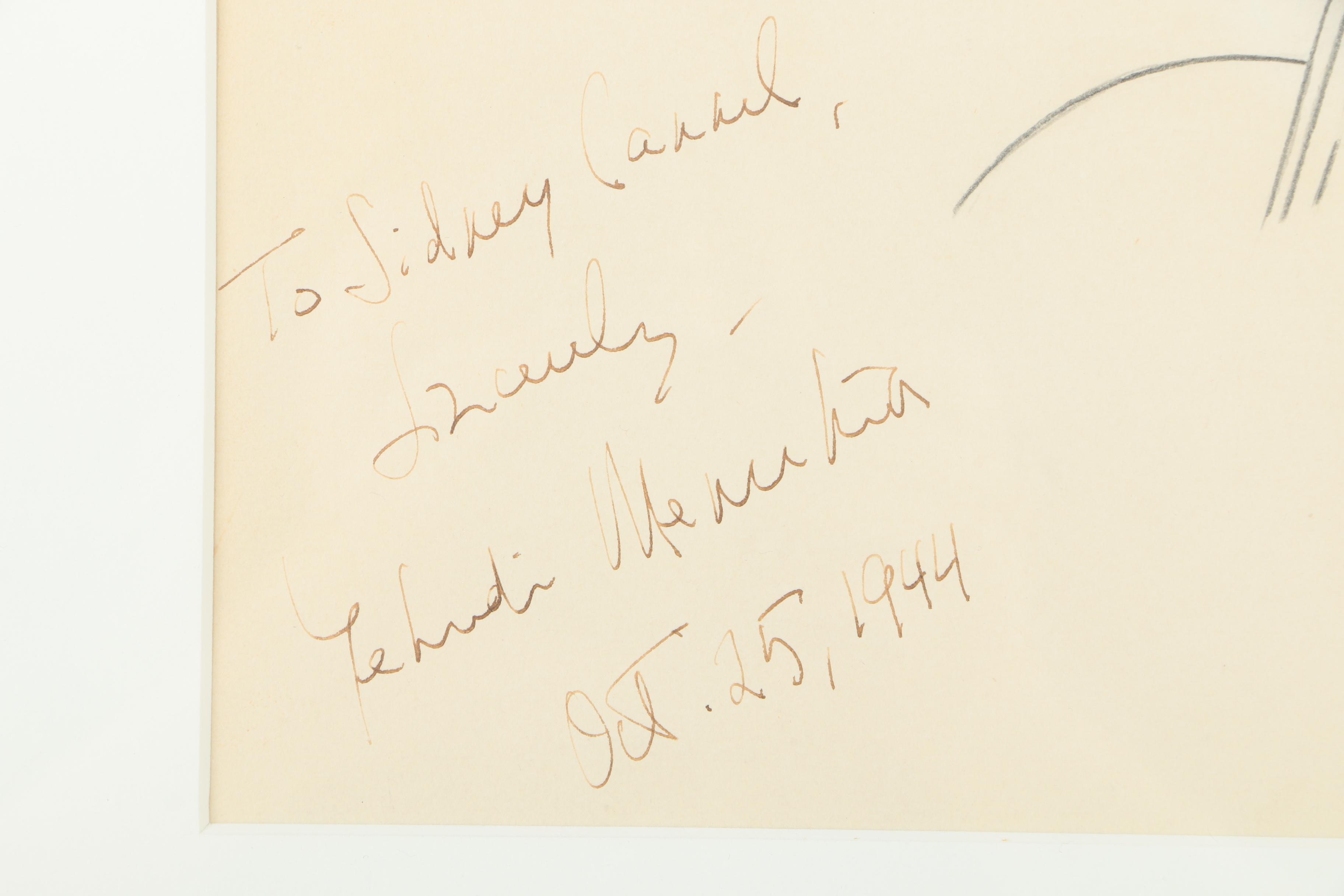 Sidney Cannel Autographed 1944 Charcoal Drawing of Yehudi Menuhin