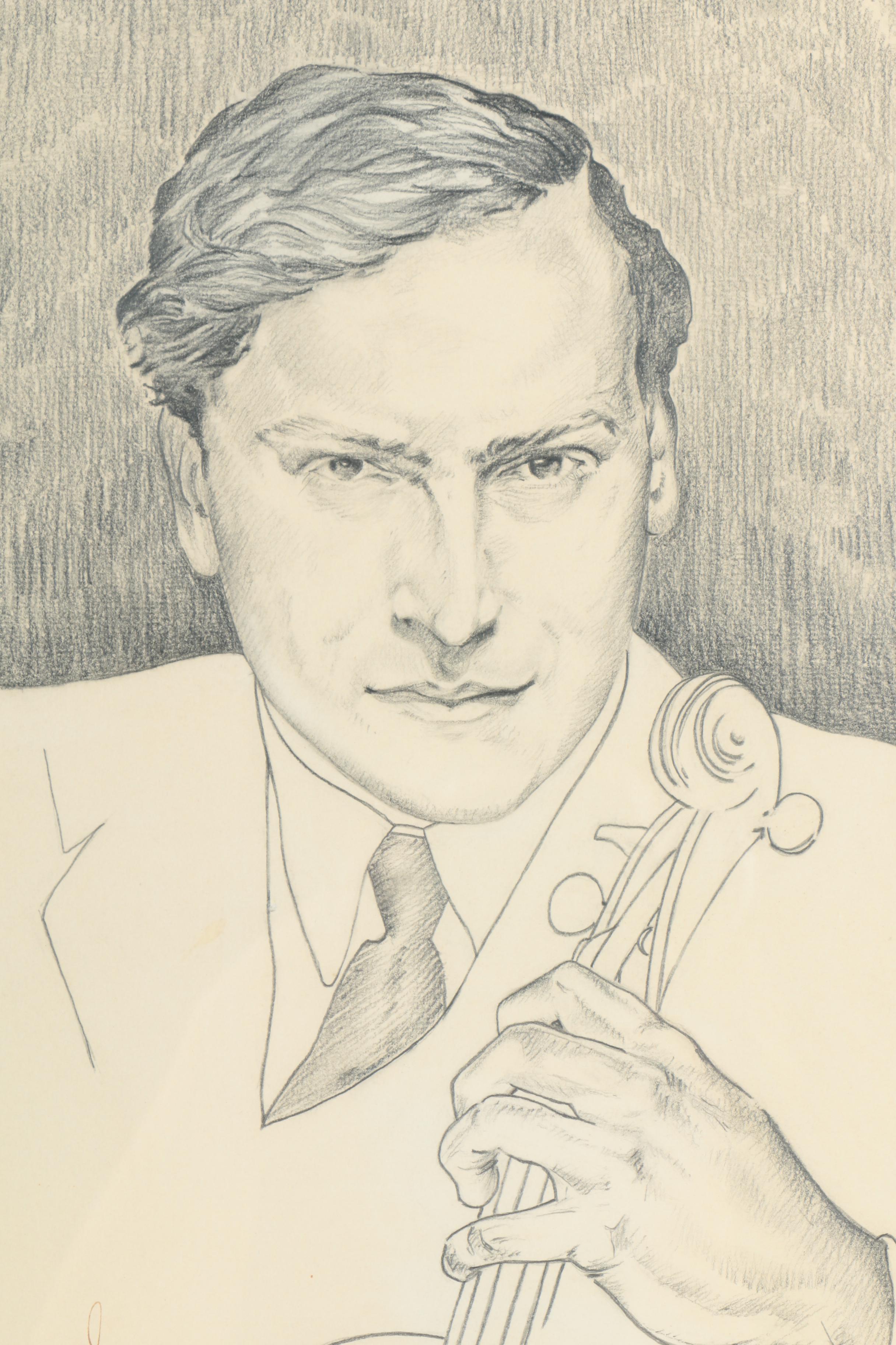 Sidney Cannel Autographed 1944 Charcoal Drawing of Yehudi Menuhin